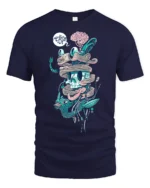 Surreal Wired Cyber Skull Biological Brain Graphic Tshirt - navy t-shirt on white background