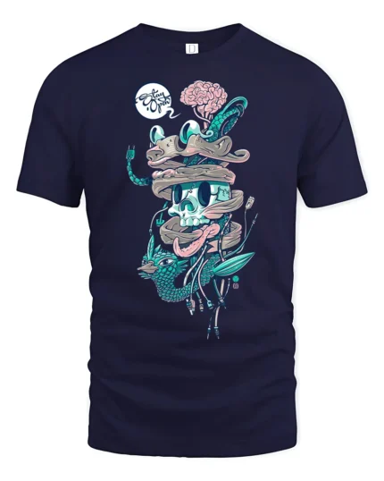 Surreal Wired Cyber Skull Biological Brain Graphic Tshirt - navy t-shirt on white background