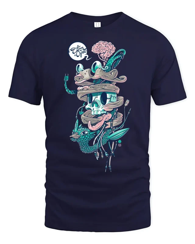 Surreal Wired Cyber Skull Biological Brain Graphic Tshirt - navy t-shirt on white background