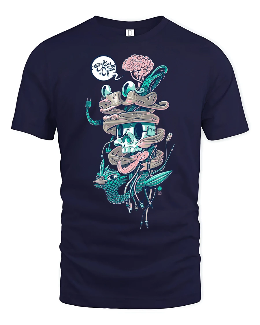 Surreal Wired Cyber Skull Biological Brain Graphic Tshirt - 1 Surreal Wired Cyber Skull Biological Brain Graphic Tshirt - navy t-shirt on white background
