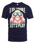 Bigfoot Wilderness Scout Binoculars Adventure Graphic Tshirt - navy t-shirt on white background