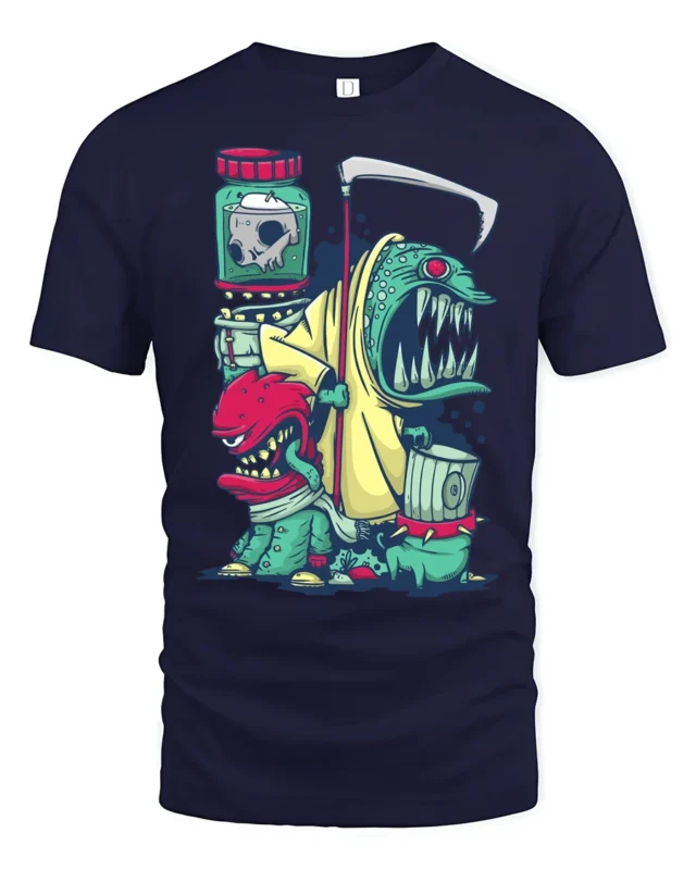 Grim Reaper Trash Can Monster Mutant Street Art Graphic Tee - navy t-shirt on white background