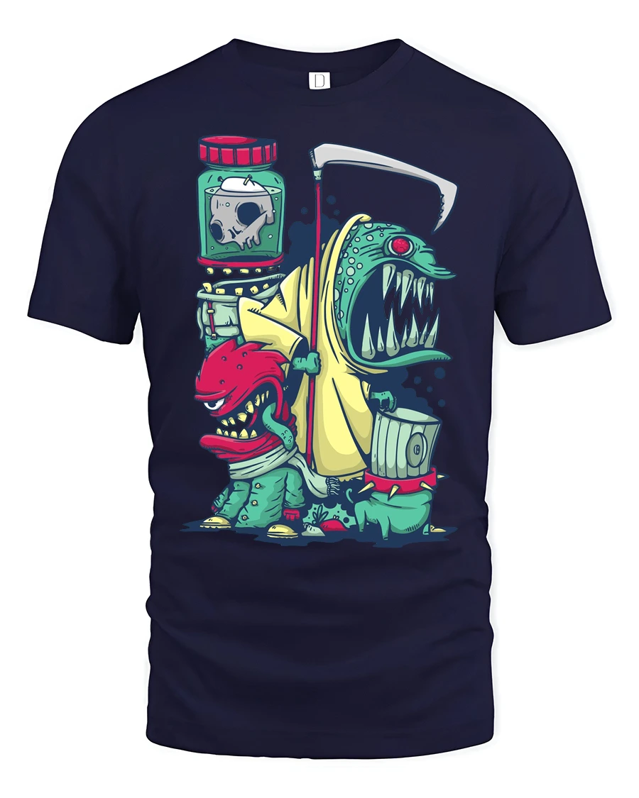 Grim Reaper Trash Can Monster Mutant Street Art Graphic Tee - 1 Grim Reaper Trash Can Monster Mutant Street Art Graphic Tee - navy t-shirt on white background