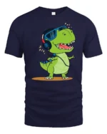 Groovy Dinosaur Dj Headphones Retro Music Lover Graphic Tshirt - navy t-shirt on white background