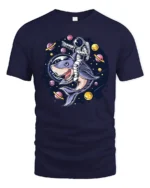 Galactic Space Shark Astronaut Riding Cosmic Graphic Tshirt - navy t-shirt on white background