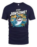 Cheerful Stay Jawsome Shark Beach Vacation Graphic Tshirt - navy t-shirt on white background