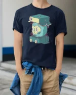 Cold Weather Winter Hat Cute Monster Luggage Graphic Tshirt - model wearing navy tee with hands in pockets