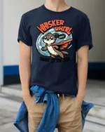 Superpowered Caped Otter Whisker Whirl Oceanic Graphic Tee - model wearing navy tee with hands in pockets