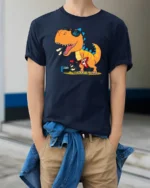 Rockstar Dinosaur Playing Electric Guitar Retro Music Tshirt - model wearing navy tee with hands in pockets