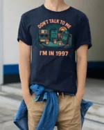 Retro 1997 Nostalgia Floppy Disk Diner Life Graphic Tshirt - model wearing navy tee with hands in pockets