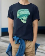 Cybernetic VR Skull Nuclear Circus Virtual Reality Tshirt - model wearing navy tee with hands in pockets