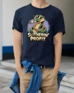 Hustling Snake With Gold Chain Slitherin Profit Graphic Tshirt - model wearing navy tee with hands in pockets
