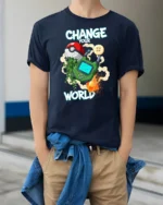 Gaming World Transformation Handheld Console Graphic Tshirt - model wearing navy tee with hands in pockets