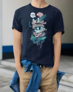 Surreal Wired Cyber Skull Biological Brain Graphic Tshirt - model wearing navy tee with hands in pockets