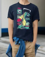 Grim Reaper Trash Can Monster Mutant Street Art Graphic Tee - model wearing navy tee with hands in pockets