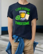 Tequila Shot Lime Salt Trio Party Time Funny Graphic Tshirt - model wearing navy tee with hands in pockets
