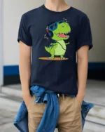 Groovy Dinosaur Dj Headphones Retro Music Lover Graphic Tshirt - model wearing navy tee with hands in pockets