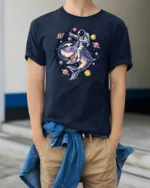 Galactic Space Shark Astronaut Riding Cosmic Graphic Tshirt - model wearing navy tee with hands in pockets
