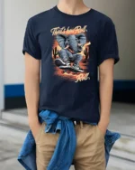 Radical Elephant Skater Desert Cactus Sunset Graphic Tshirt - model wearing navy tee with hands in pockets