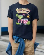 Refreshing Margarita Weather Summer Party Graphic Tshirt - model wearing navy tee with hands in pockets