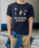Magical Wizard WiFi Connection Funny Tech Geek Soft Tshirt - model wearing navy tee with hands in pockets