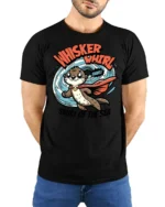 Superpowered Caped Otter Whisker Whirl Oceanic Graphic Tee - model wearing black tee with hands behind back