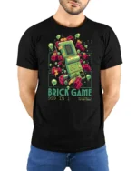 Retro 999 In 1 Brick Game Handheld Nostalgia Graphic Tshirt - model wearing black tee with hands behind back