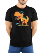 Rockstar Dinosaur Playing Electric Guitar Retro Music Tshirt - model wearing black tee with hands behind back