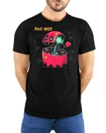 Cybernetic Pac Bot Arcade Ghost Retro Gaming Graphic Tshirt - model wearing black tee with hands behind back