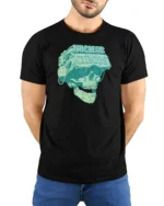 Cybernetic VR Skull Nuclear Circus Virtual Reality Tshirt - model wearing black tee with hands behind back
