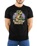 Hustling Snake With Gold Chain Slitherin Profit Graphic Tshirt - model wearing black tee with hands behind back
