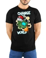 Gaming World Transformation Handheld Console Graphic Tshirt - model wearing black tee with hands behind back