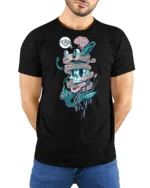 Surreal Wired Cyber Skull Biological Brain Graphic Tshirt - model wearing black tee with hands behind back