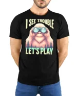 Bigfoot Wilderness Scout Binoculars Adventure Graphic Tshirt - model wearing black tee with hands behind back