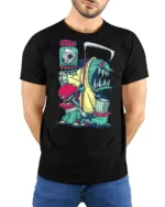 Grim Reaper Trash Can Monster Mutant Street Art Graphic Tee - model wearing black tee with hands behind back