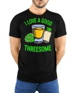 Tequila Shot Lime Salt Trio Party Time Funny Graphic Tshirt - model wearing black tee with hands behind back