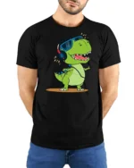 Groovy Dinosaur Dj Headphones Retro Music Lover Graphic Tshirt - model wearing black tee with hands behind back