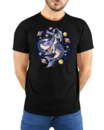 Galactic Space Shark Astronaut Riding Cosmic Graphic Tshirt - model wearing black tee with hands behind back