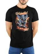 Radical Elephant Skater Desert Cactus Sunset Graphic Tshirt - model wearing black tee with hands behind back