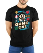 Vibrant Pixel Art Game On Retro Controller Graphic Tshirt - model wearing black tee with hands behind back