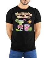 Refreshing Margarita Weather Summer Party Graphic Tshirt - model wearing black tee with hands behind back