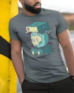 Cold Weather Winter Hat Cute Monster Luggage Graphic Tshirt - model wearing grey tee, leaning on column