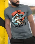 Superpowered Caped Otter Whisker Whirl Oceanic Graphic Tee - model wearing grey tee, leaning on column