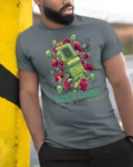 Retro 999 In 1 Brick Game Handheld Nostalgia Graphic Tshirt - model wearing grey tee, leaning on column