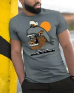 Maritime Captain Inside Great Whale Ocean Adventure Tshirt - model wearing grey tee, leaning on column