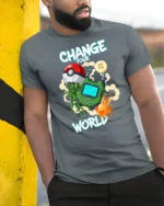 Gaming World Transformation Handheld Console Graphic Tshirt - model wearing grey tee, leaning on column