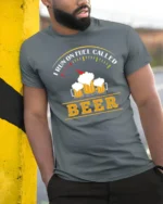 Fuel Gauge Beer Lover Funny Drinker Humor Graphic Tshirt - model wearing grey tee, leaning on column