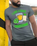 Tequila Shot Lime Salt Trio Party Time Funny Graphic Tshirt - model wearing grey tee, leaning on column