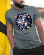 Galactic Space Shark Astronaut Riding Cosmic Graphic Tshirt - model wearing grey tee, leaning on column