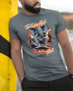 Radical Elephant Skater Desert Cactus Sunset Graphic Tshirt - model wearing grey tee, leaning on column